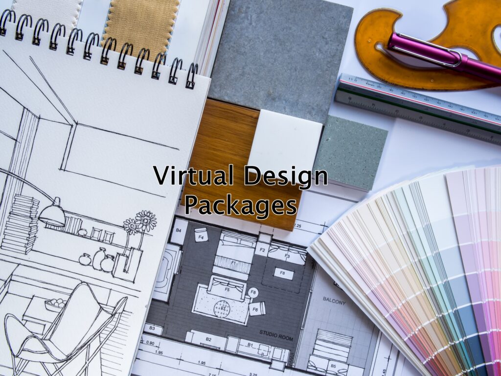 An interior illustration sketch is shown next to a color scheme collection.  The sketch shows a table, lamp, walls, a window and a storage area.  Color samples are fanned out next to the sketch.  A purple pen and a ruler are in the background.
